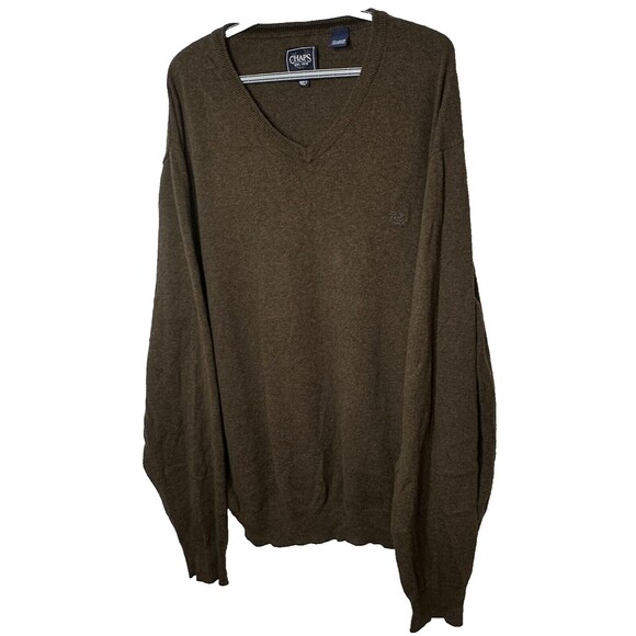 Chaps Sweater Mens XXL Brown V Neck Cashmere Cotton Smooth Long SL Logo Pullover - Picture 1 of 14